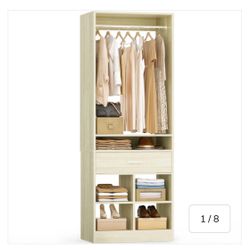 Freestanding Closet System with Wood Drawer and 4 Cubby Storage, Closet Organizer with Hanging Rods & Shelves, 25‘’W X 80'' H Clothes Garment Rack, Wa