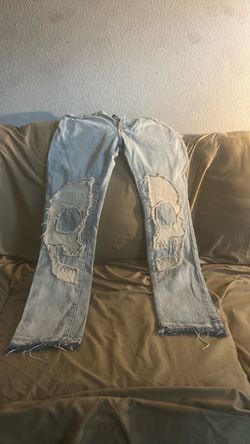 Light Wash Skull Patch Denim Jeans