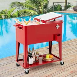 New in the box 80 Quart Rolling Ice Chest on Wheels, Portable Patio Party Bar Drink Cooler Cart, with Shelf, Beverage Pool with Bottle Opener,Water Pi