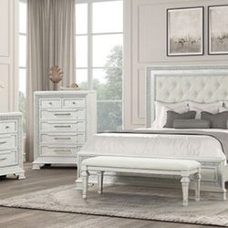 Brand New Elegant Creamy White 4pc Eastern King Bedroom 