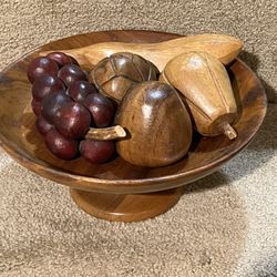 Handcrafted Vintage Wooden Fruit Bowl and 5 Piece Fruit Included folk Wooden Art