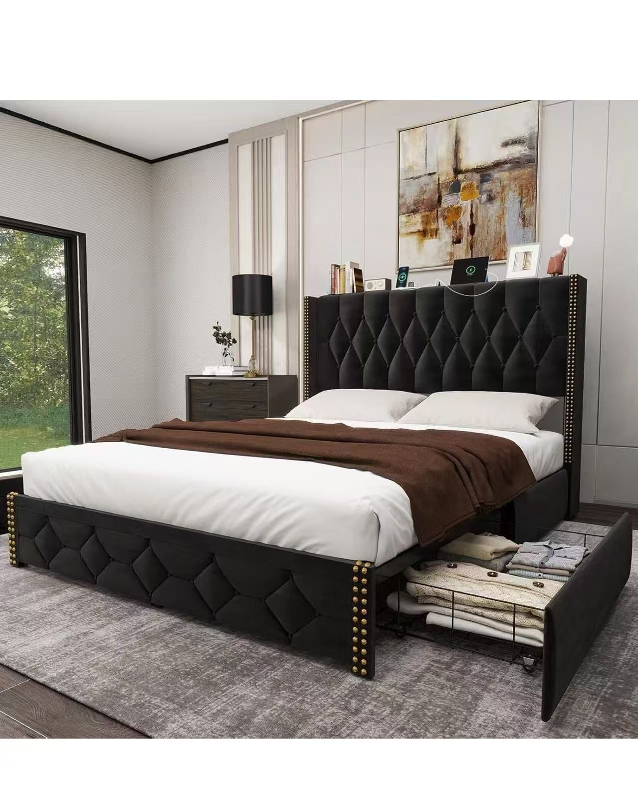 Full Size Bed Frame with 2 Storage Drawers and Wingback Headboard velvet $120 