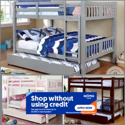 Full/Full/Twin Gray Wooden Bunkbed w. Ortho Mattresses Included 