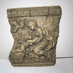 Vintage Religious Wall Plaque Madonna Child Cherub Stone Look Decor