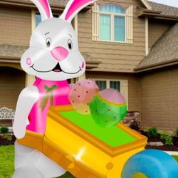 Easter Inflatable Rabbit Pushing Wheelbarrow with Eggs Decorations