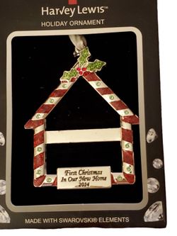 2013 Harvey Lewis Swarovski Holiday Candy Cane House Photo Ornament NIB