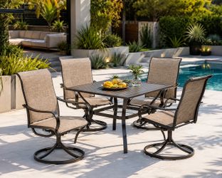 Brand new Heavy duty 5PC Patio Dining Set includes 4 Swivel Chairs and 37" Square Table  New in box E02GF060-3  E02GF093-B *2  Features * 		Sturdy Ste