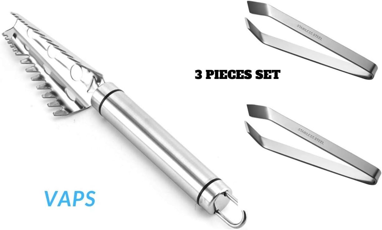 Premium 1 Set with 2 Kitchen Fish Bone Tweezers Plier Removal Perfect Filet 1 Fish Scaler 304 SS No Rust Peeler Sawtooth Combo Stainless Steel Scraper