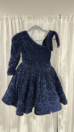 Kids Navy Blue Sequin One-Shoulder Dress