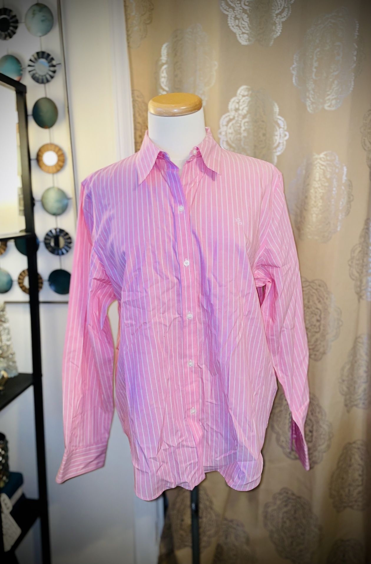 Ladies Pink & White Ralph Lauren Blouse Size XL