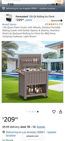 120 Quart Large Patio Rolling Cooler Cart with 304 Stainless Steel Lid & Lockable Wheels