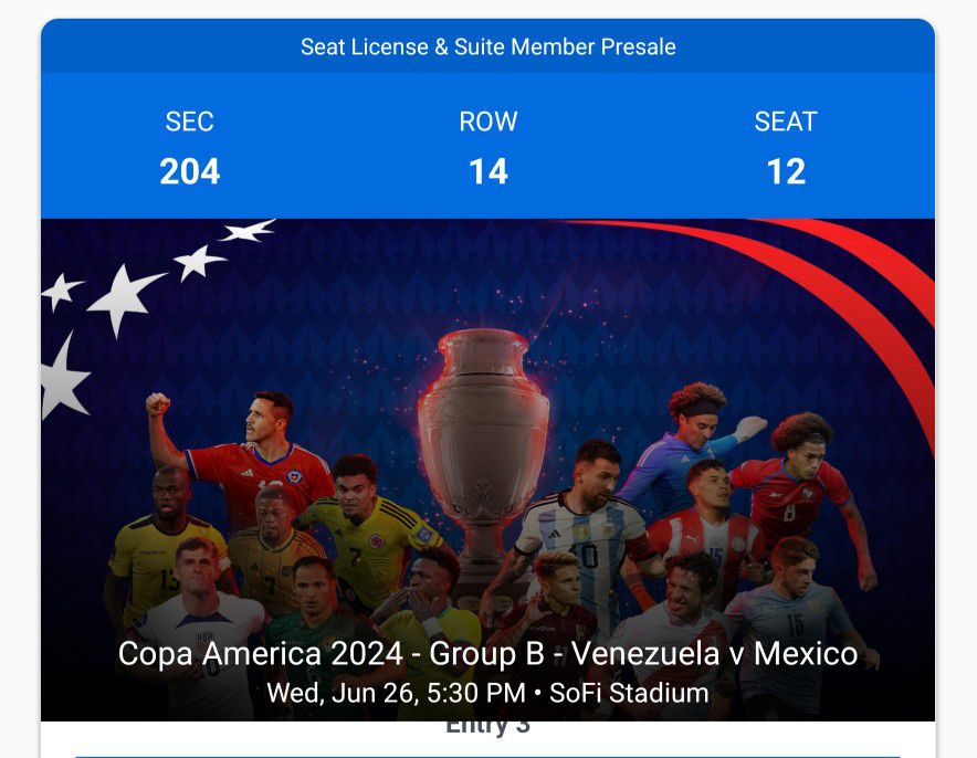 For sale, two tickets for COPA AMERICA VENEZUELA VS MEXICO 🇲🇽 SOFI STADIUM 