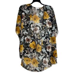 Emory Park  Cover Up Size XL Black and Yellow Floral  Kimono Cardigan Open Front