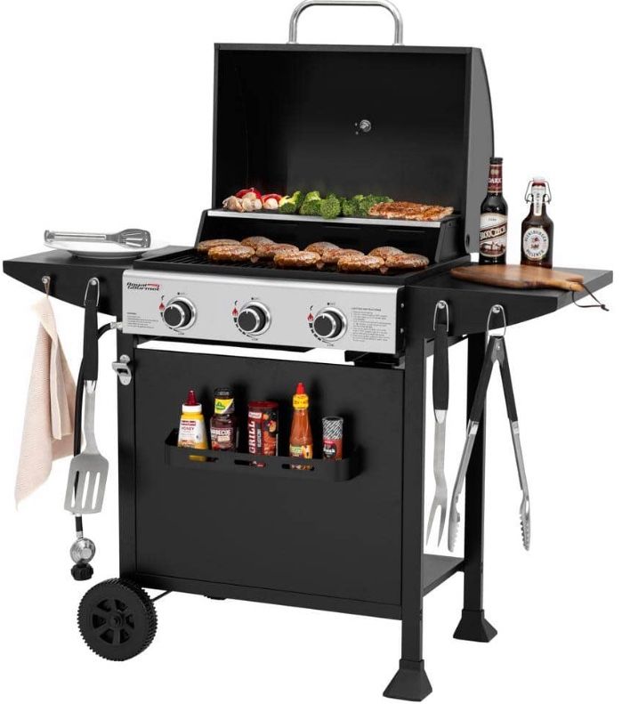 3-Burner BBQ Liquid Propane Gas Grill with Front Spice Rack, 2 Side Shelves and Hooks, Cart Style, Black, for Outdoor