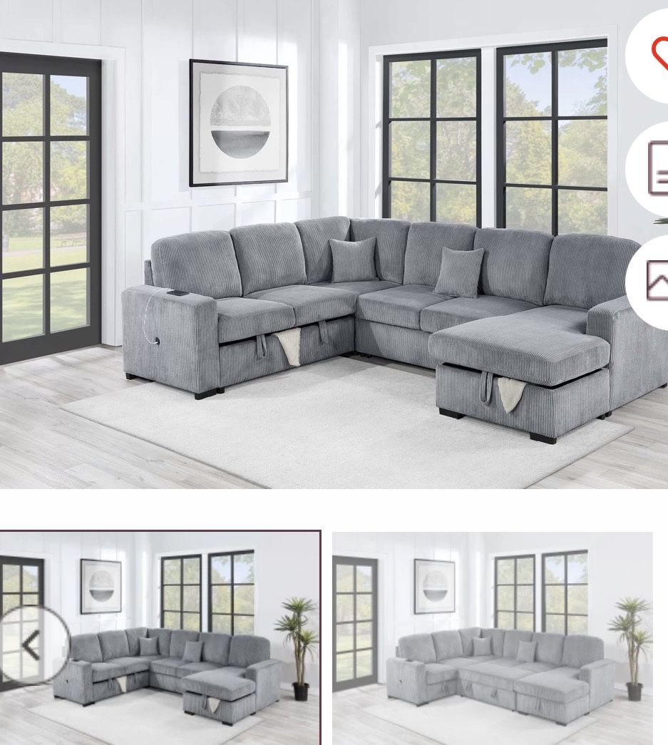 $649-4Piece Convertible Sectional  Sleeper Sofa ,Chaise Storage ,Sofa Storage & USB Ports 98” x 103” x 61” x36”H