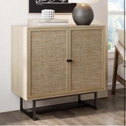 New Nathan James Kova Accent Sideboard Storage Cabinet in Light Wood and Rattan with Metal Frame