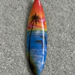 5” Painted Mini Surfboard With Dolphin And Palm Tree Made In Indonesia