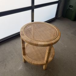 Round Rattan Side Table w/ Woven Cane Shelves – Coastal / Boho Style