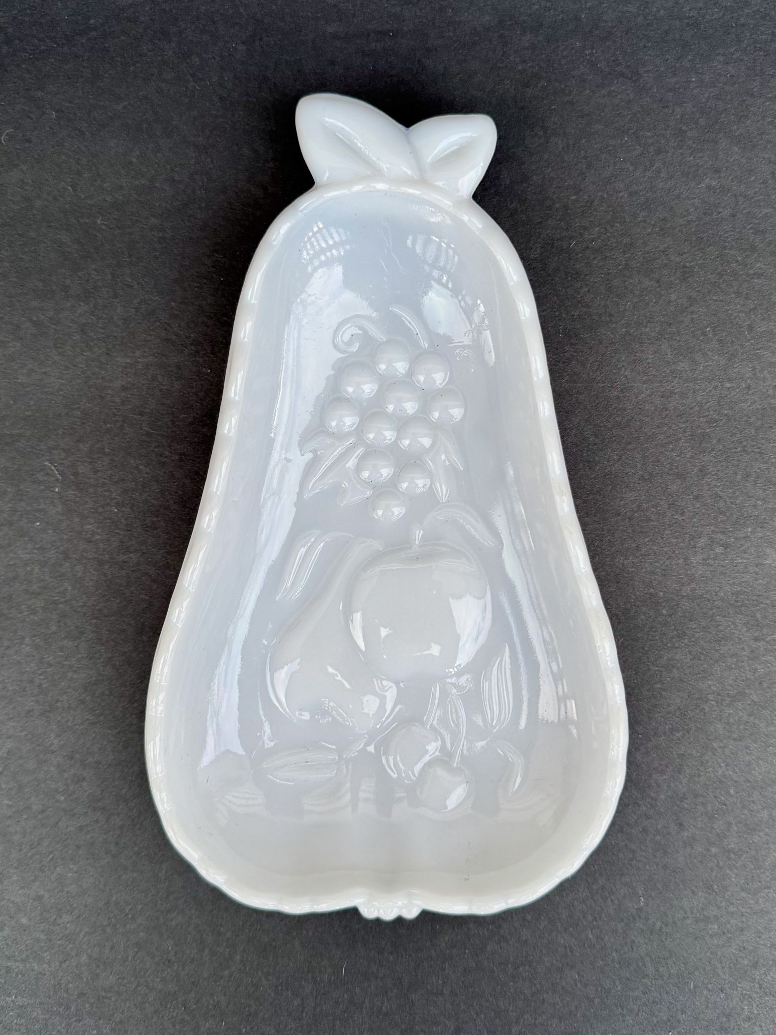 Vintage 1950’s MILK GLASS By Hazel Atlas Pear Shaped Dish w/ fruit And Floral Design