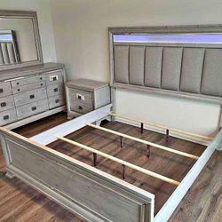 Master Bedroom Furniture Set ✨ Gray Led Upholstered Bed Frame, Dresser, Nightstand, Chest, Mattress ⭐$39 Down Payment with Financing ⭐ 90 Days same as