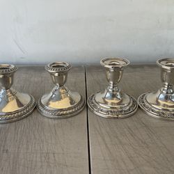 Two Pair of Vintage Sterling Silver Weighted Candle Sticks : "Crown" & "Wild Rose", Marked; Total weight: 705.6g+547.9g; 