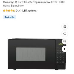 Mainstays 1.1 Cu ft Countertop Microwave Oven, 1000 Watts, Black, New