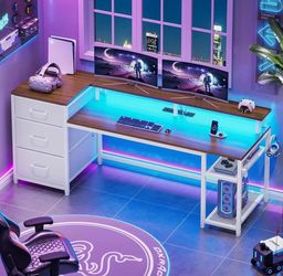 59" Office Desk with File Drawers, Reversible Computer Gaming Desk with LED Lights & Power Outlet,White and Brown