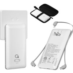 10000mAh Portable Charger with Built-in Cables and AC Wall Plug, USB C Fast Charging Power Bank with 3 Cords,5 Output External Battery Pack Compatible