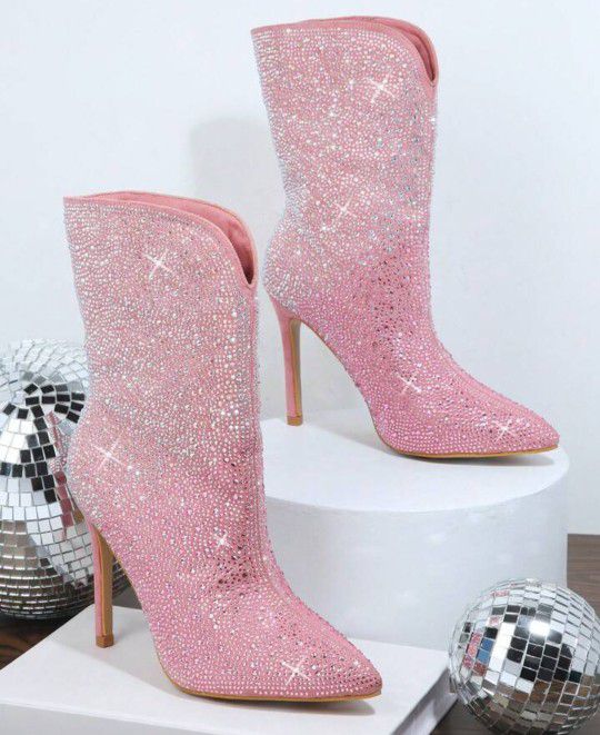Forever Pink Ombre Rhinestone Slip On Stiletto High Heel Split Front Ankle Boot