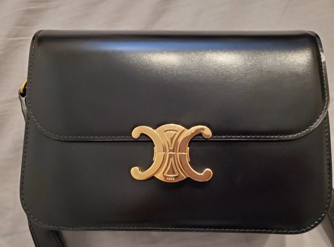 CELINE Triomphe Shoulder Bag Medium Black Leather