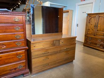 BASSETT Vintage Walnut Doublewide Dresser w/ Mirror & Basket Weave Detail