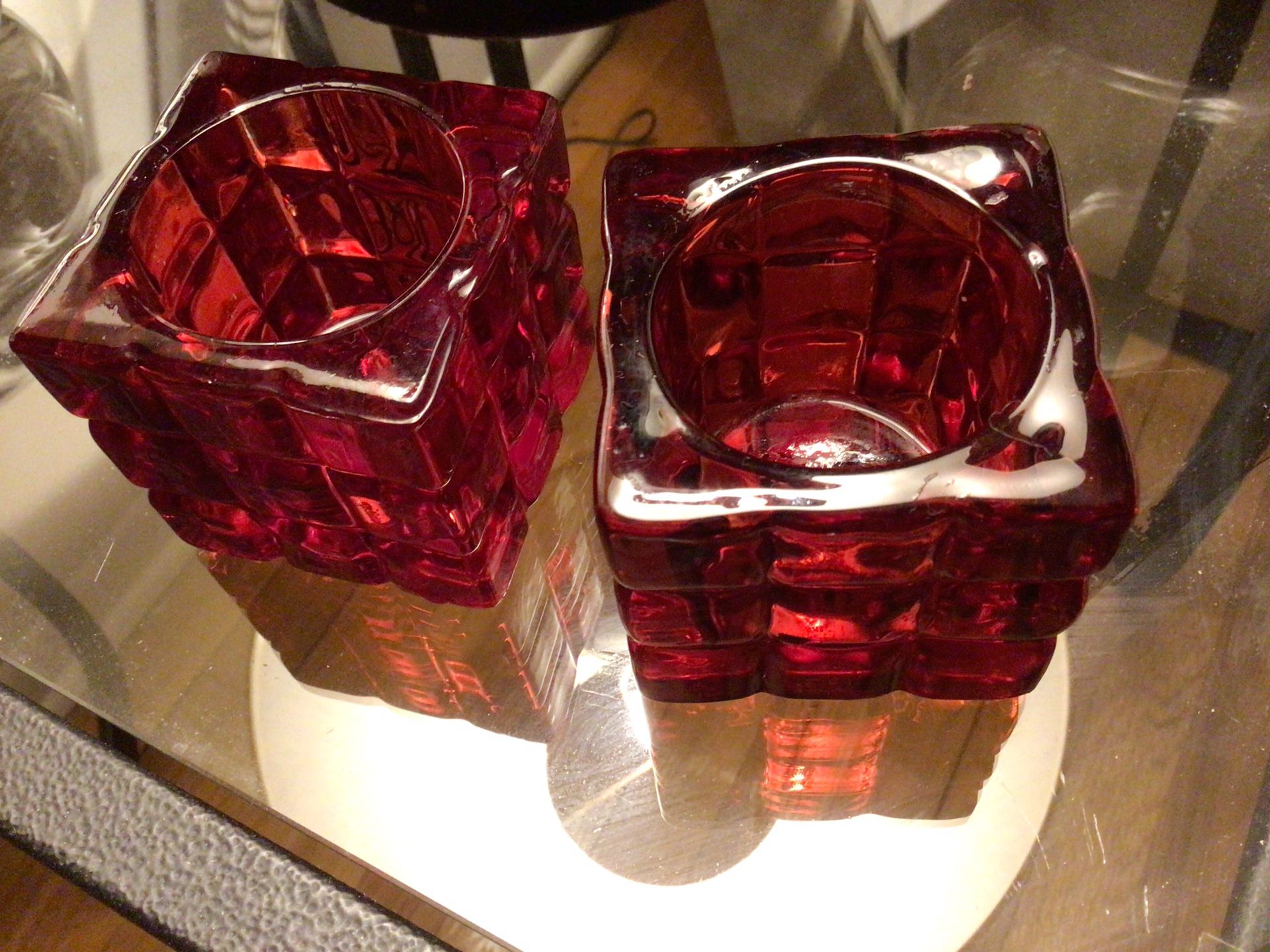VTG -2-RED BLOCK GLASS CANDLE HOLDERS 