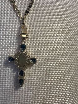 18k gold filled lab-grown blue sapphire and crystal filigree cross pendant necklace
