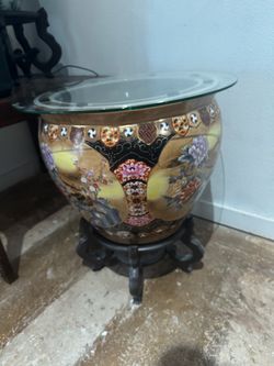 Asian Koi Pot Stand/Glass