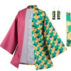 Tomioka Giyuu Robe Cloak Cosplay Costume Kimono Cardigan Jacket Earrings Set

