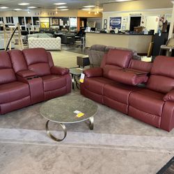2-Pcs Red Leather Recliner Set (Sofa &Loveseat) Dropped Down From $2000 To $1250