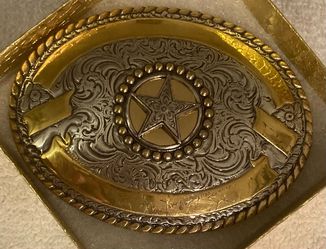 Vintage Metal Belt Buckle, Silver and Brass,Star, Crumrine, Nice Western Design, 3 3/4" x 23/4", Heavy Duty, Quality, Thick Metal, For Belts, Fashion,