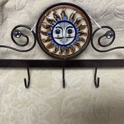 New Sun 🌞 5 Hooks Keychain Rack 12.5"W Artisan Talavera Painted Pottery 