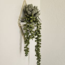 Pair Of Hanging Wall Home Decor With Artificial Succulent Plants With White Ceramic Pots