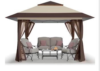 （D-1-10）CROWN SHADES 11x11 Pop Up Gazebo, Outdoor Canopy Tent, Beige & Coffee