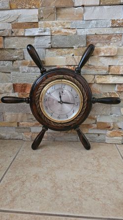 Vintage Carrington Ships Wheel Wall Clock with Wood, Rope and Brass 18" x 21" - WORKS