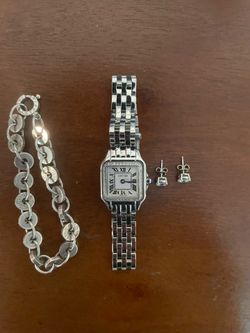 Jewelry Cartier watch, 14k white gold lab diamond earrings, Tiffany Bracelet
