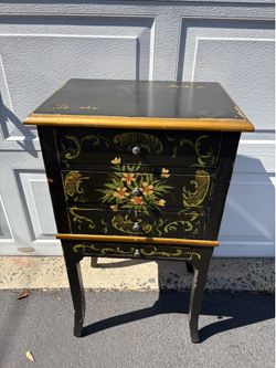 Vintage Chinoiserie Style Black Chest of Drawers Table Hand Painted Floral Motif