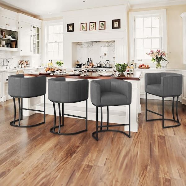 26 in.Modern Gray Faux Leather Upholstered Counter Stool with Black Metal Frame Barrel Bar Stool Set of 4