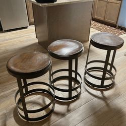Industrial Metal & Wood Bar Stools – Set of 3