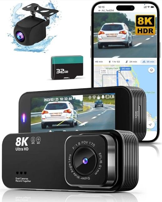 Dash Camera for Cars, 8K Ultra HD Dash Cam Front and Rear, Dash Cam with App Control, 32GB Card, Built-in Wi-Fi & GPS, 3.16”IPS Screen, 170°Wide Angle