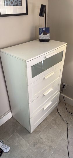 White 4-Drawer Dresser with Frosted Glass Drawer – Great Condition