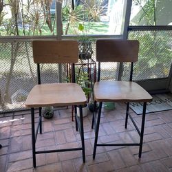 2 Bar Stools - Black Medal & Wood High Top Chairs 