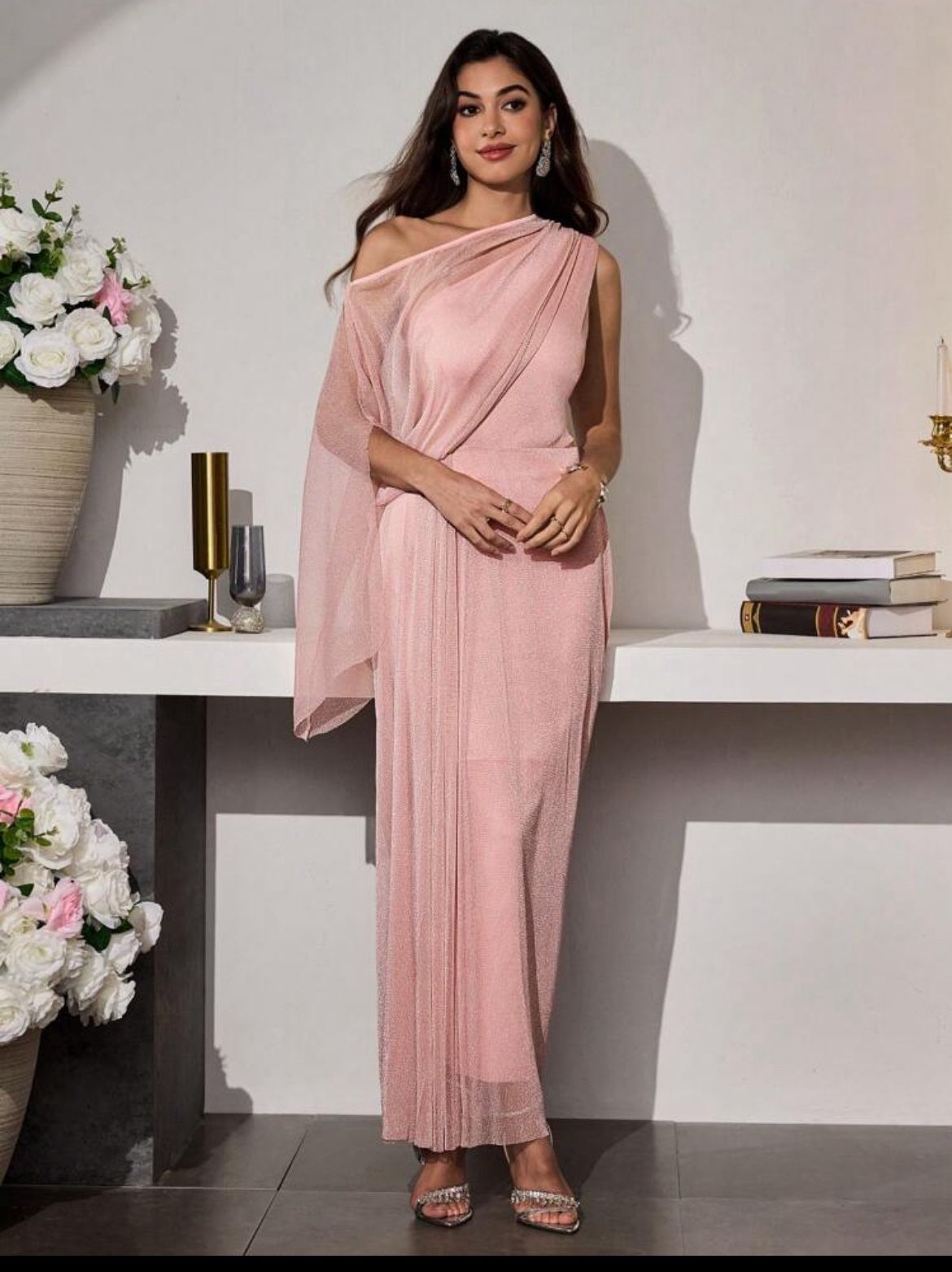 Women's Solid Color Asymmetric Collar Mesh Patchwork Elegant Dress Dresses For Wedding Event