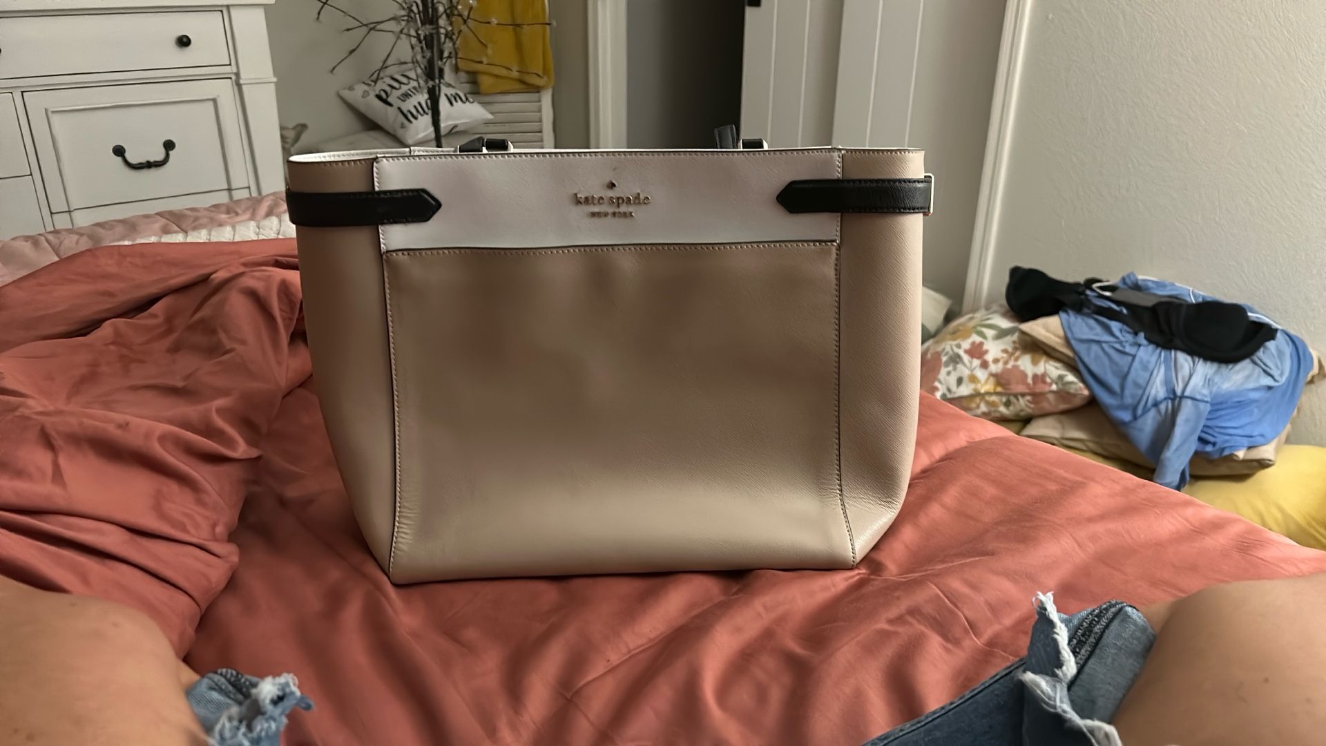 Kate Spade Leather Tote Laptop Large Tote Nude Black